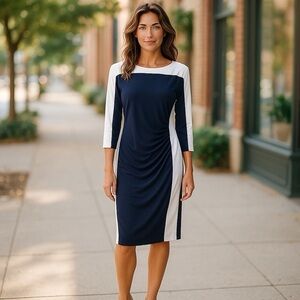 NWOT Ralph Lauren Color Block Ruched Sheath Dress Size 14 Blue Midi Bodycon Chic